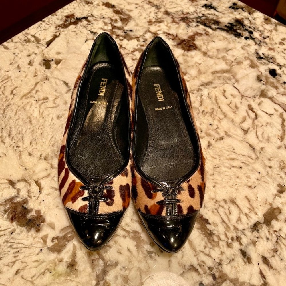 FENDI Pony Hair Leopard Print Cap Toe Flats Sz 6.5
